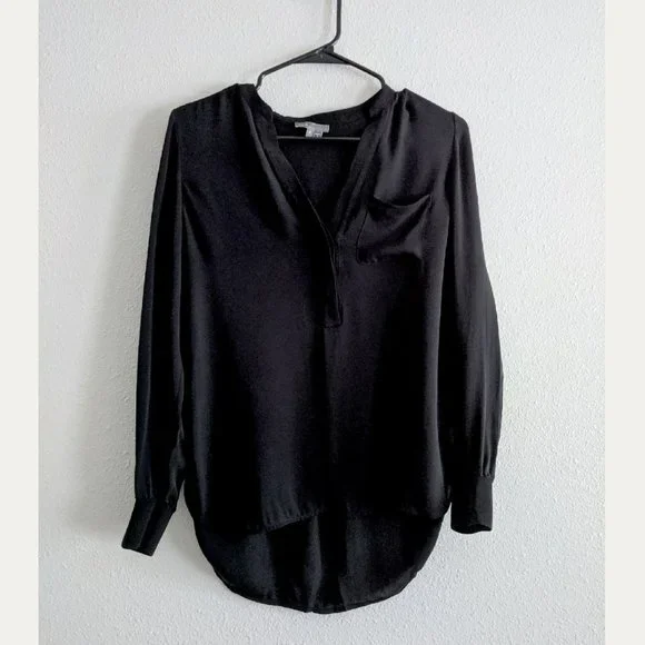 VINCE Black Rib Trim Half Placket Silk Popover Blouse Size 2 - Picture 4 of 13